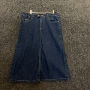 Fuego Denim Midi Skirt Dark Wash Y2K Stretch A-Line Back Slit Blue Womens 6